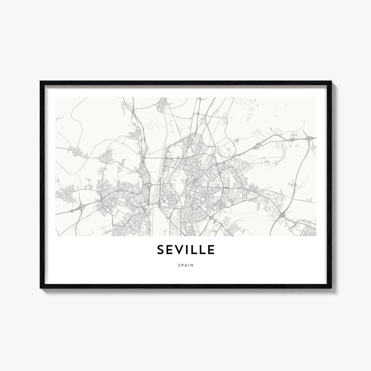 Seville black & white map poster of Spain – horizontal wall art, unframed print shown in interior mockup