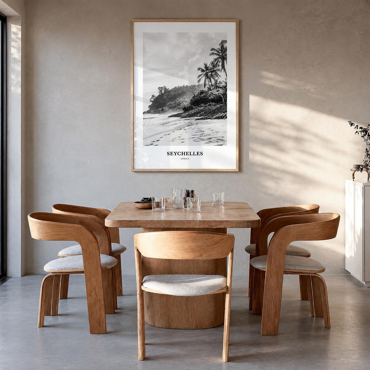 Seychelles black & white classic poster of Africa – vertical wall art in natural wood frame, hanging on wall