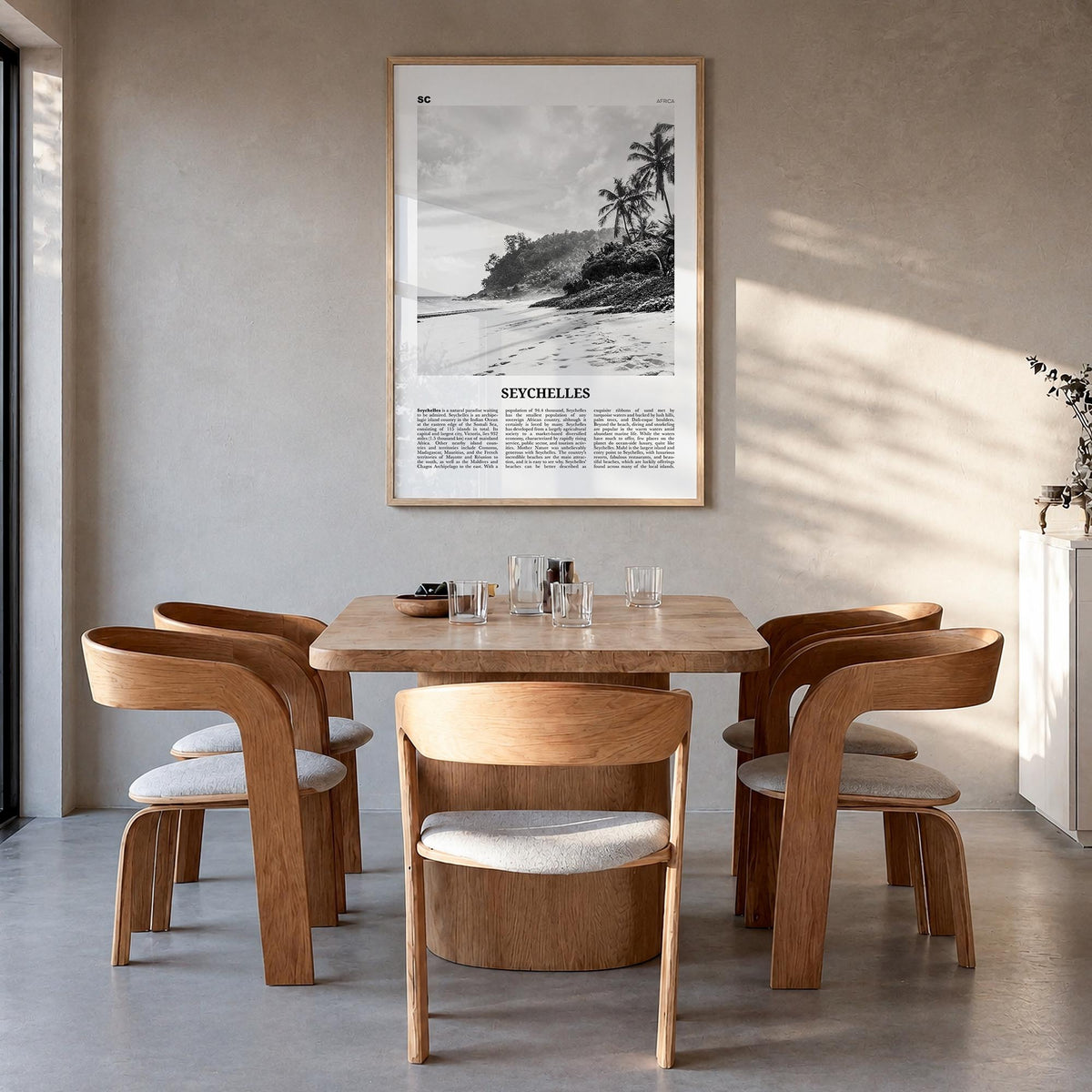 Seychelles black & white newspaper poster of Africa – vertical wall art in natural wood frame, hanging on wall