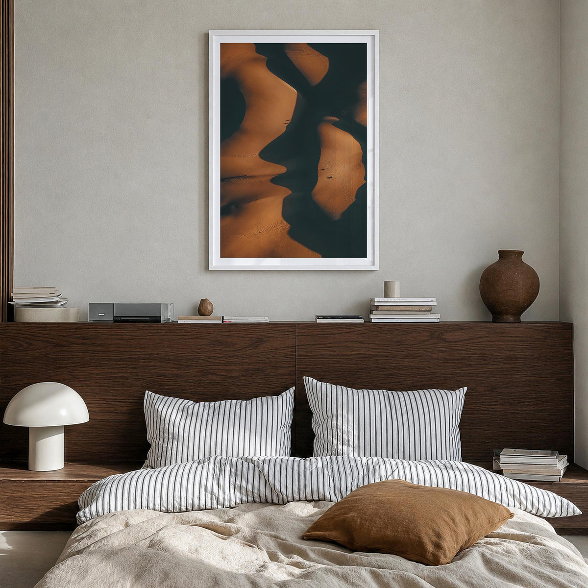 Shadow Sand Dunes colorful photo poster – vertical wall art in white wood frame with white border, hanging on wall