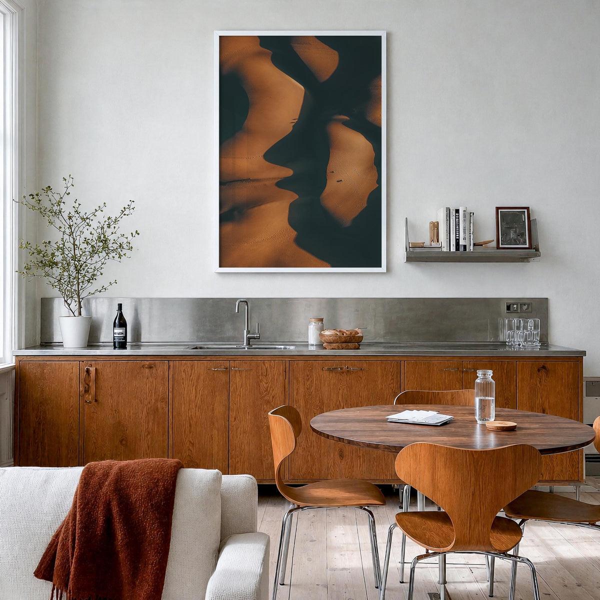 Shadow Sand Dunes colorful photo poster – vertical wall art in white wood frame, hanging on wall