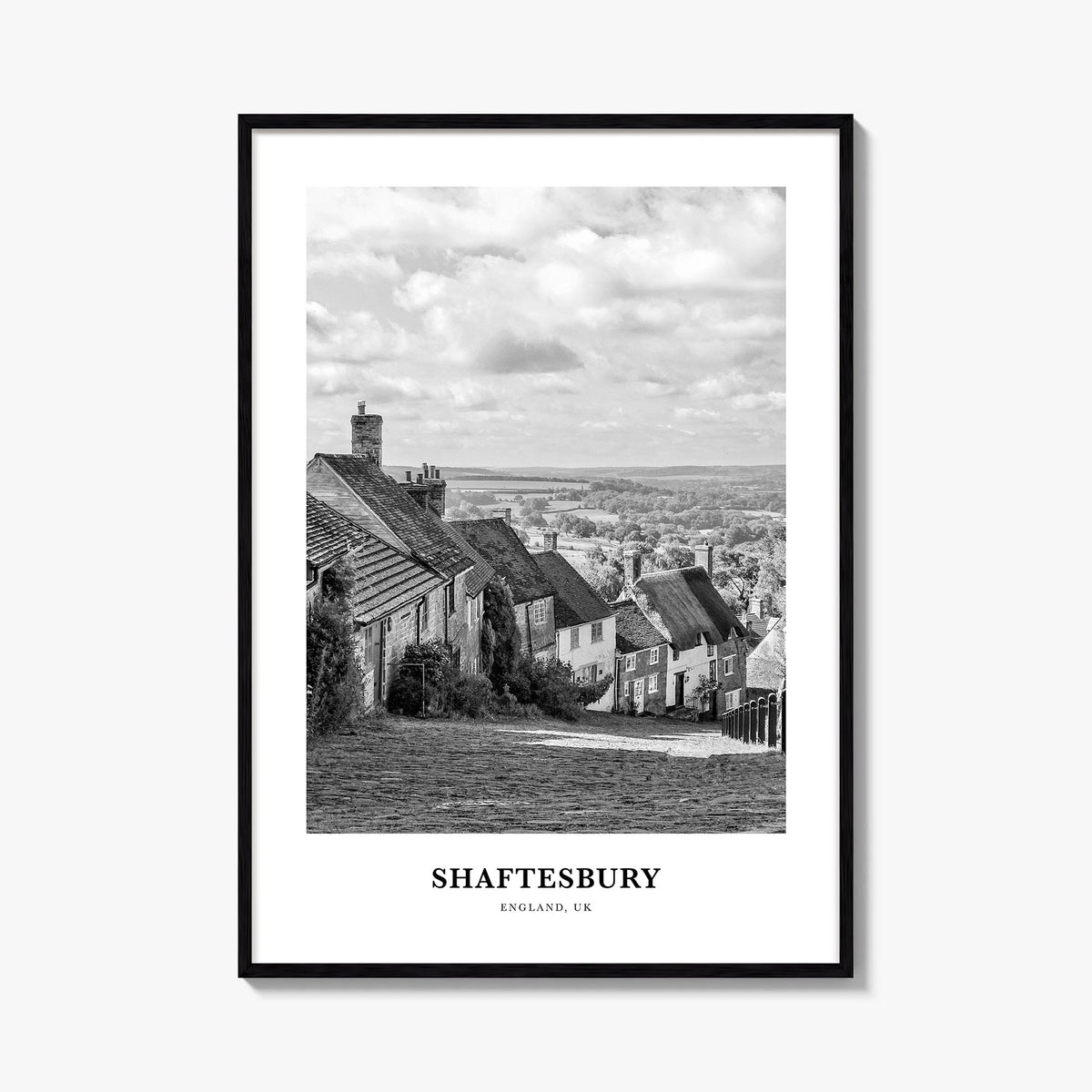 Shaftesbury black & white classic poster of United Kingdom – vertical wall art, unframed print shown in interior mockup