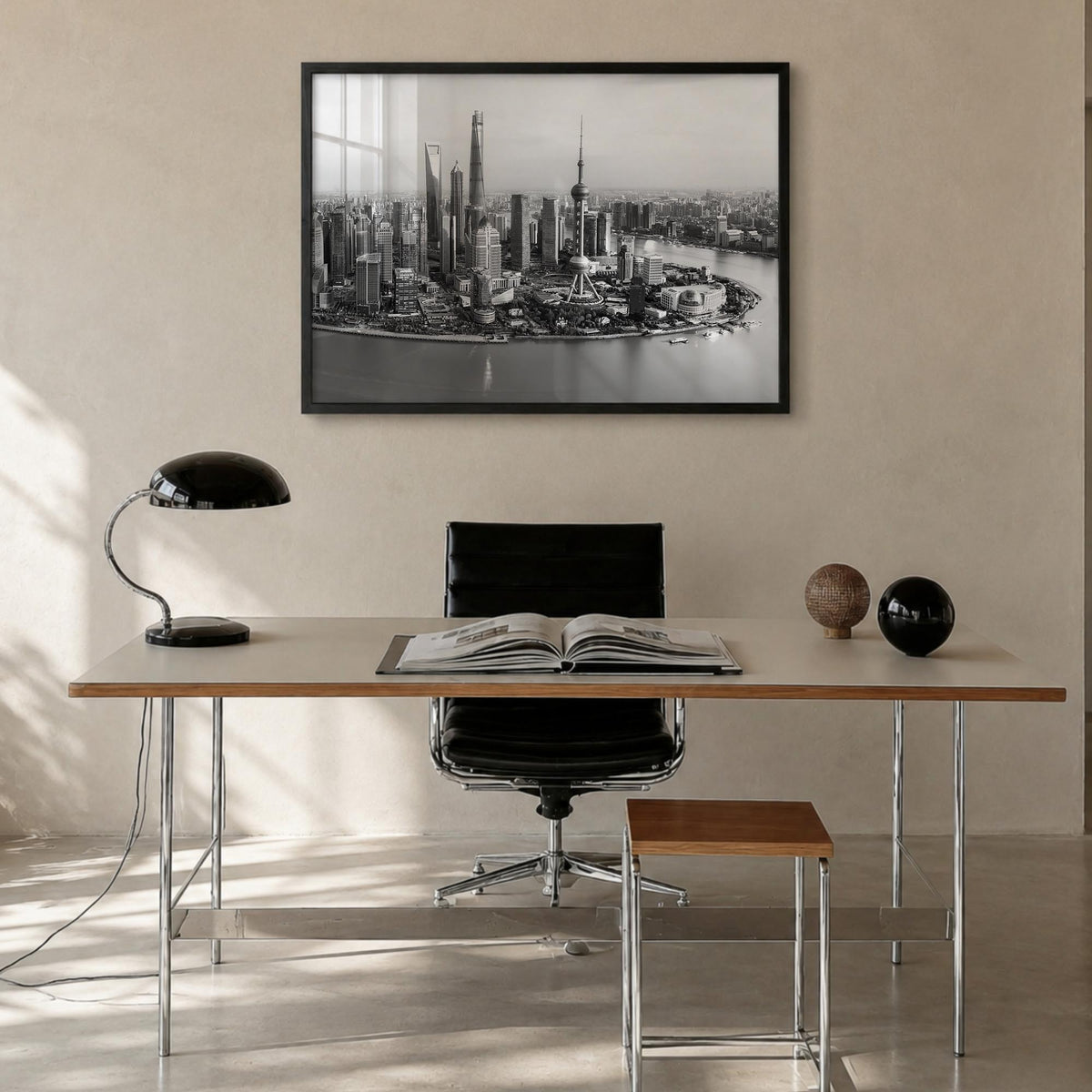 Shanghai black & white photo poster of China – horizontal wall art in black wood frame, hanging on wall