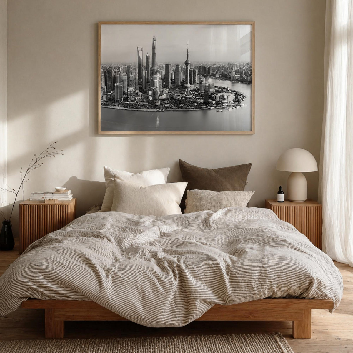 Shanghai black & white photo poster of China – horizontal wall art in natural wood frame, hanging on wall