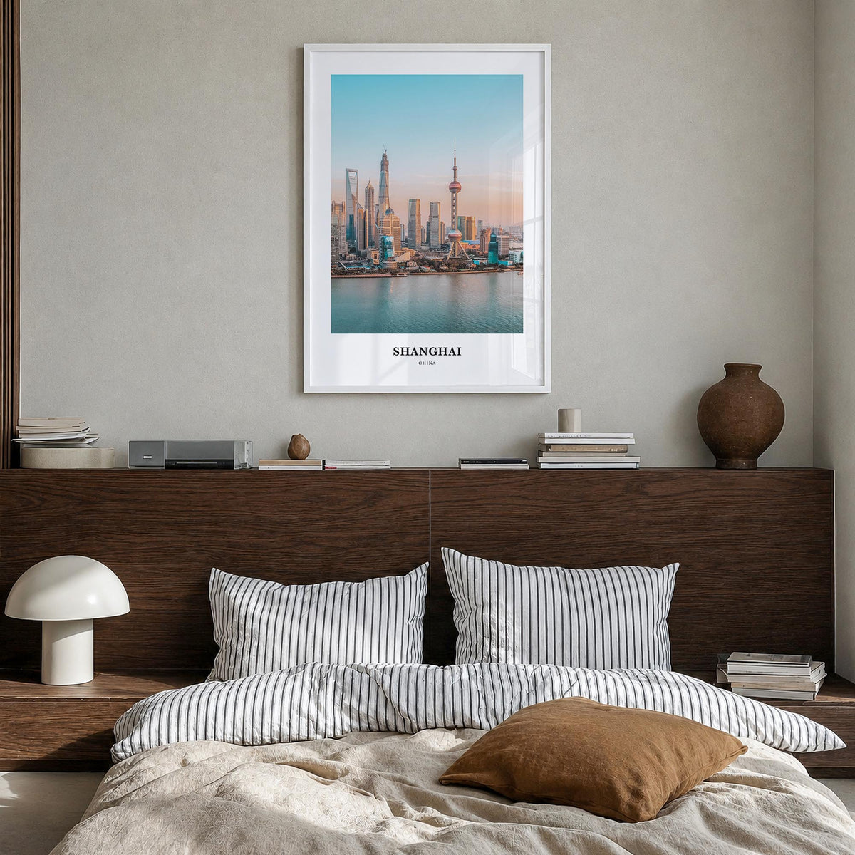 Shanghai colorful classic poster of China – vertical wall art in white wood frame, hanging on wall
