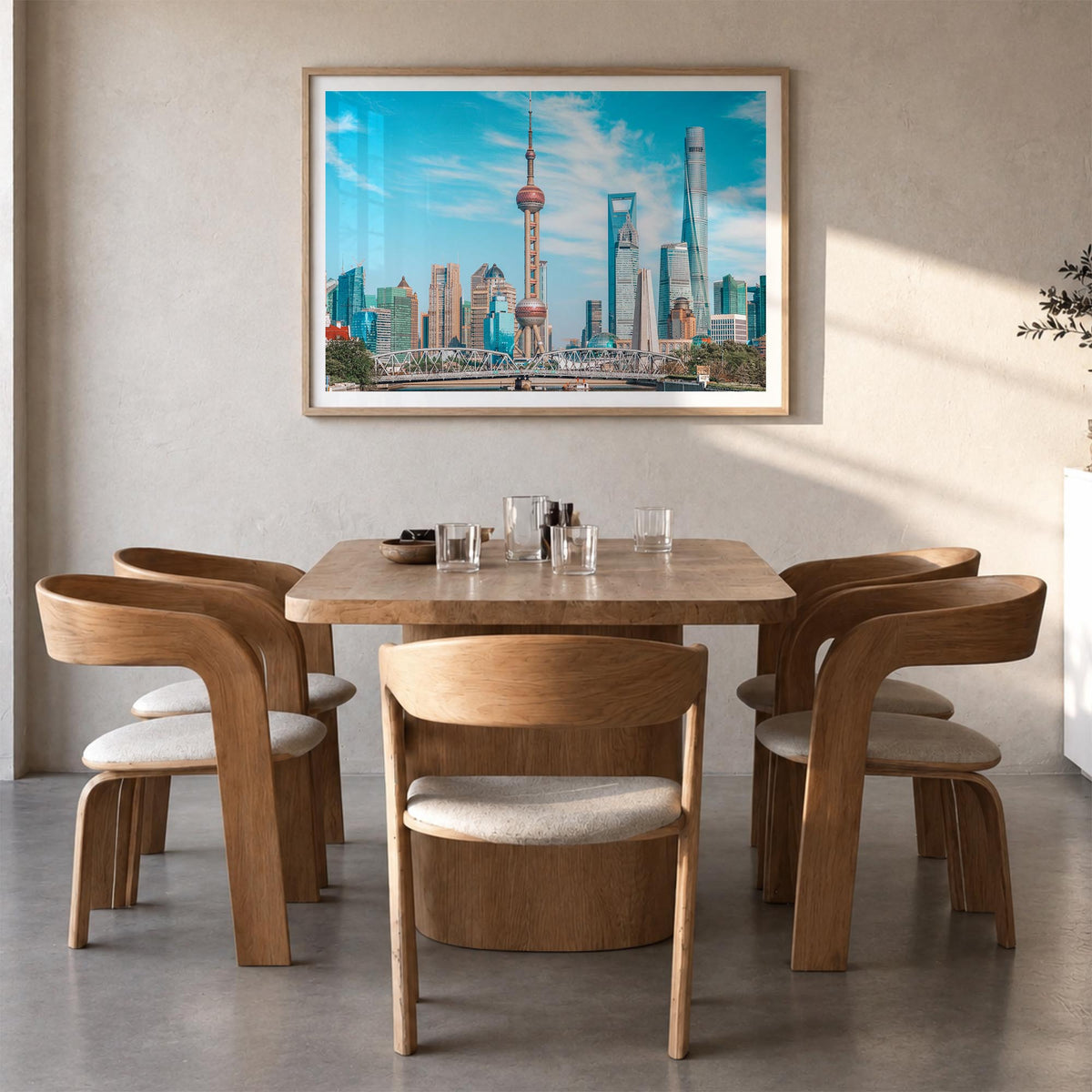 Shanghai colorful photo poster of China – horizontal wall art in natural wood frame with white border, hanging on wall