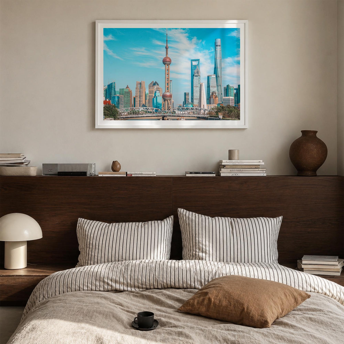 Shanghai colorful photo poster of China – horizontal wall art in white wood frame with white border, hanging on wall