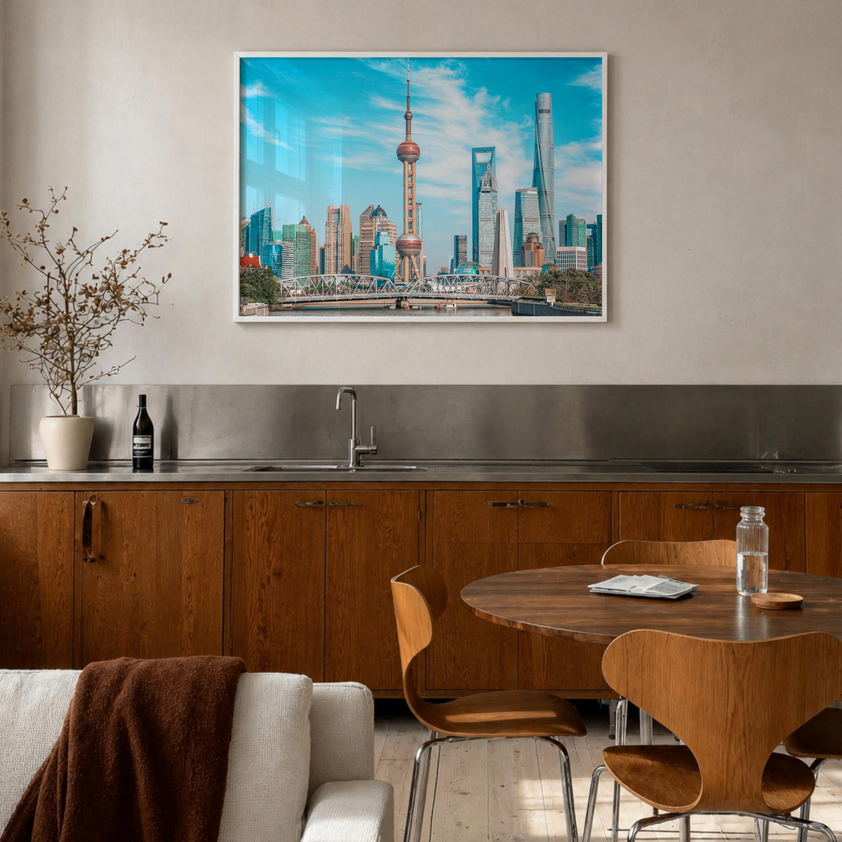 Shanghai colorful photo poster of China – horizontal wall art in white wood frame, hanging on wall