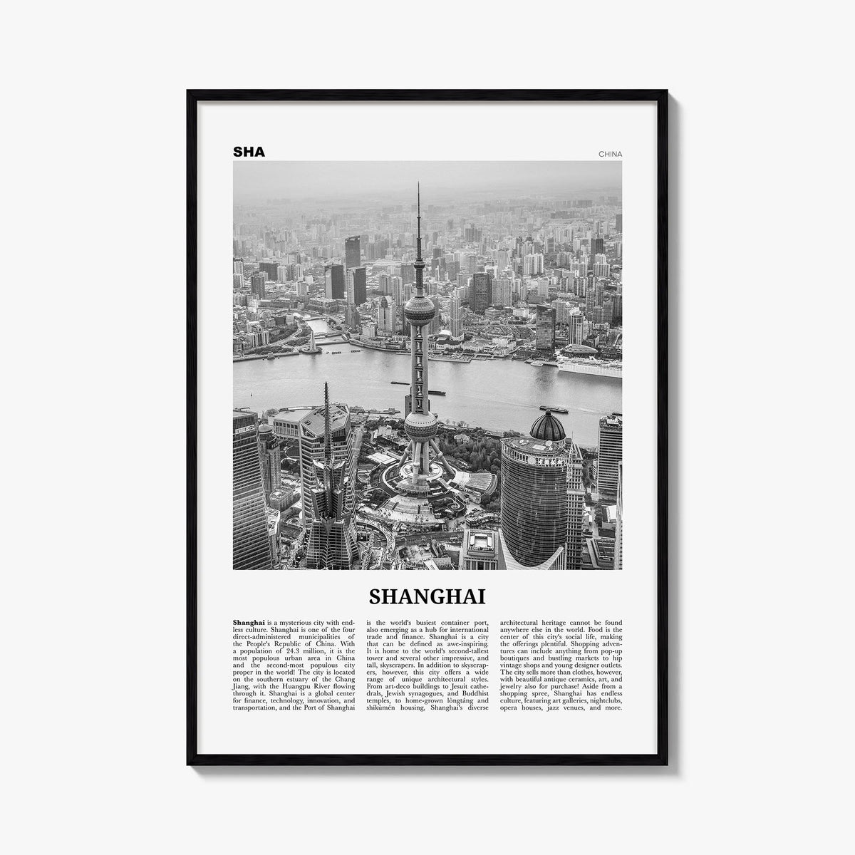 Shanghai no. 1 black & white newspaper poster of China – vertical wall art, unframed print shown in interior mockup