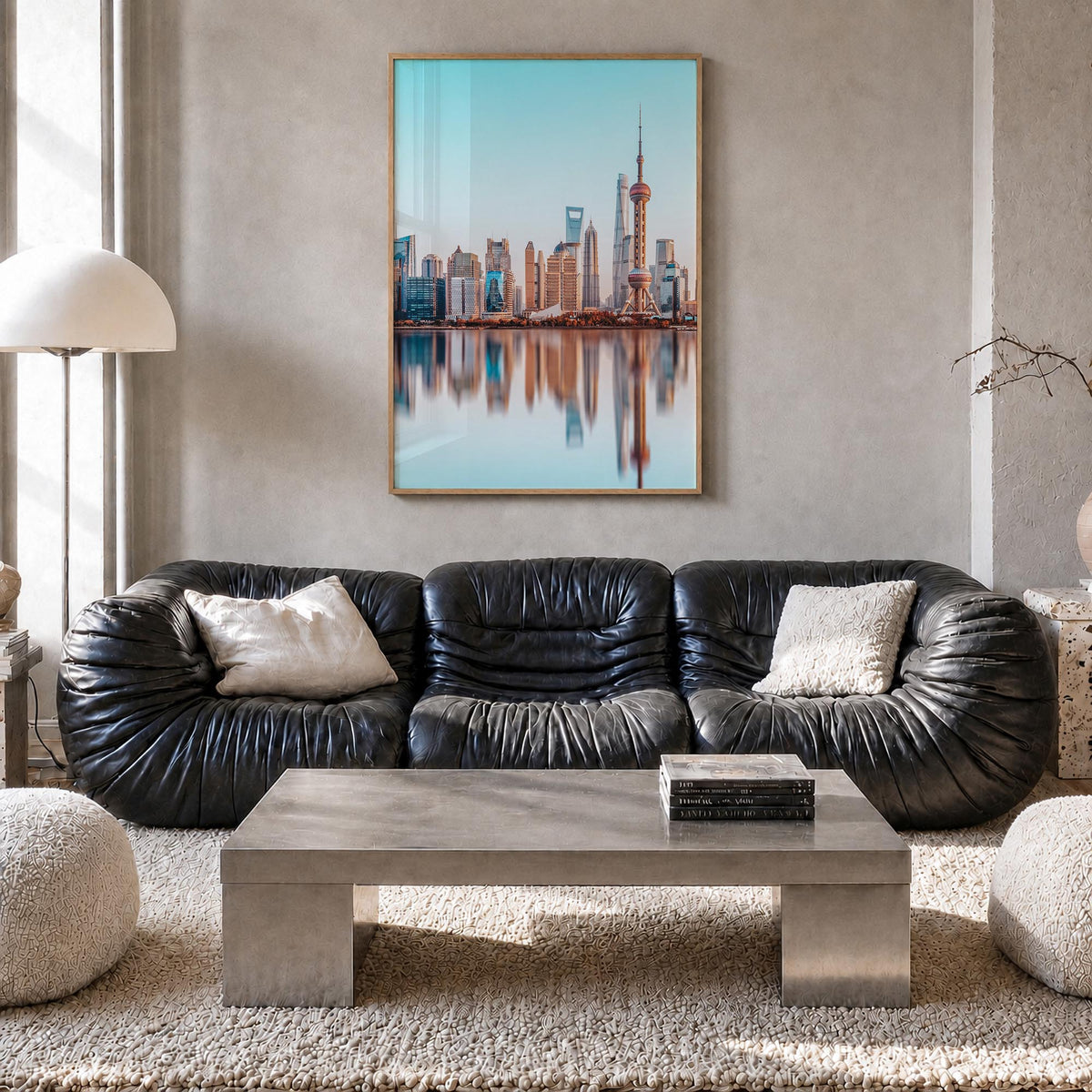 Shanghai no. 1 colorful photo poster of China – vertical wall art in natural wood frame, hanging on wall