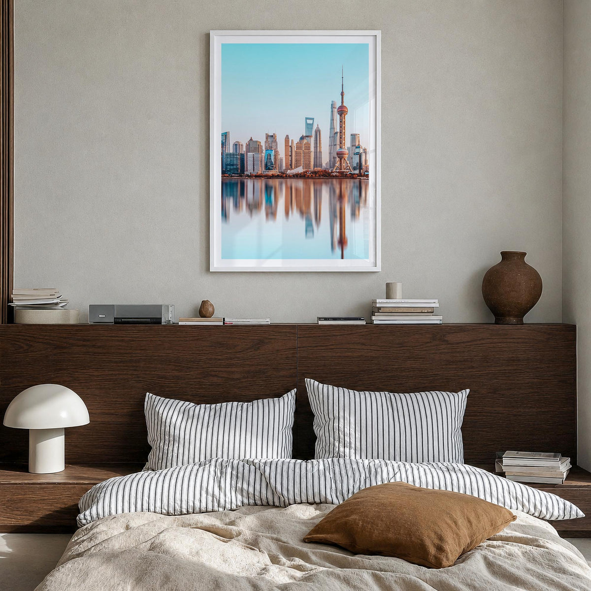 Shanghai no. 1 colorful photo poster of China – vertical wall art in white wood frame with white border, hanging on wall