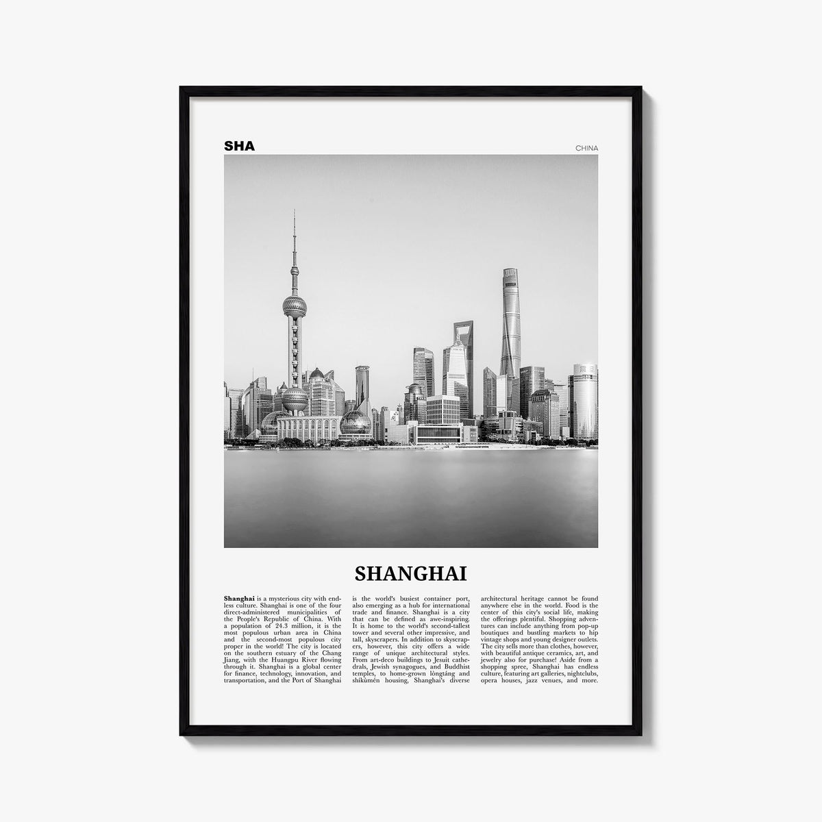 Shanghai no. 2 black & white newspaper poster of China – vertical wall art, unframed print shown in interior mockup