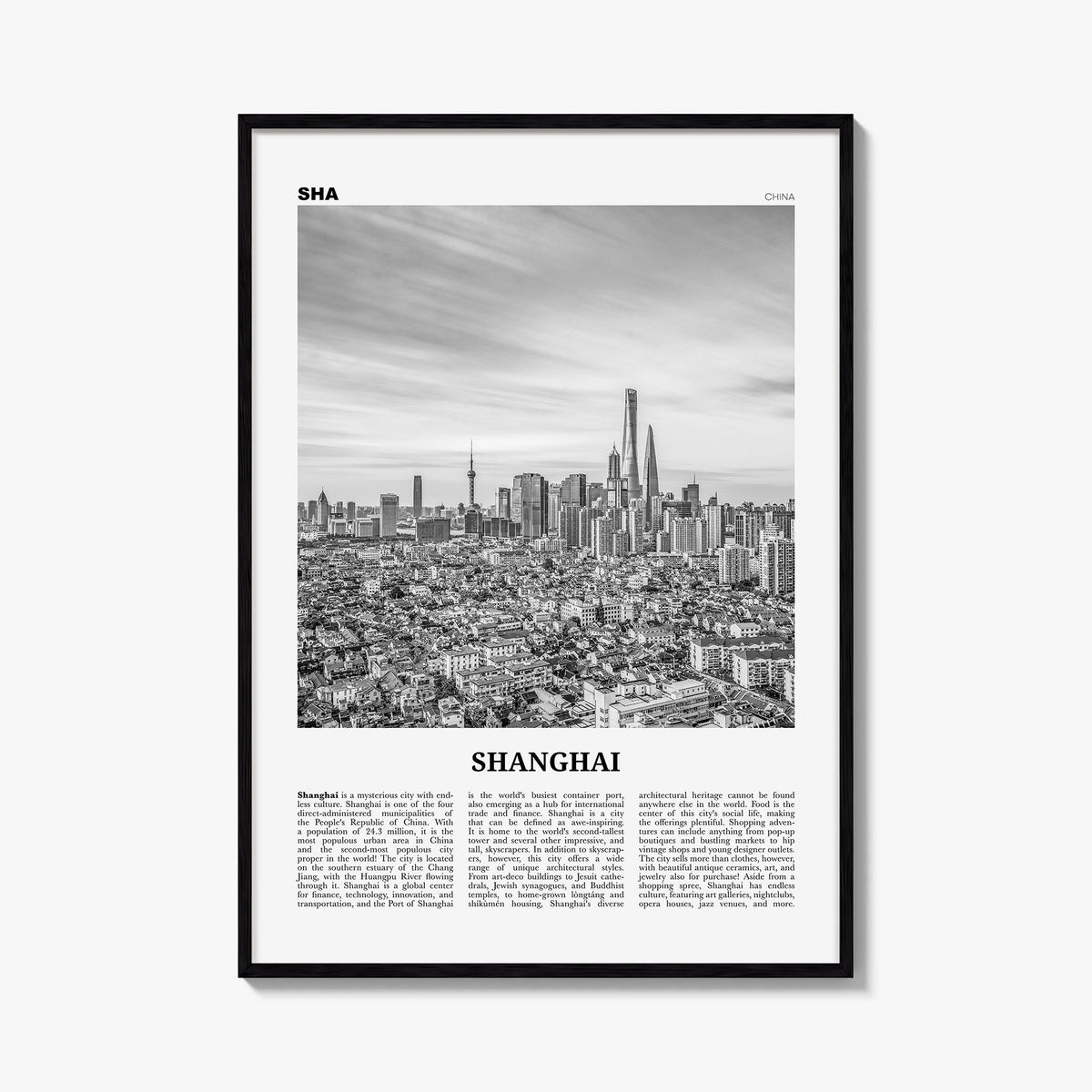 Shanghai no. 3 black & white newspaper poster of China – vertical wall art, unframed print shown in interior mockup