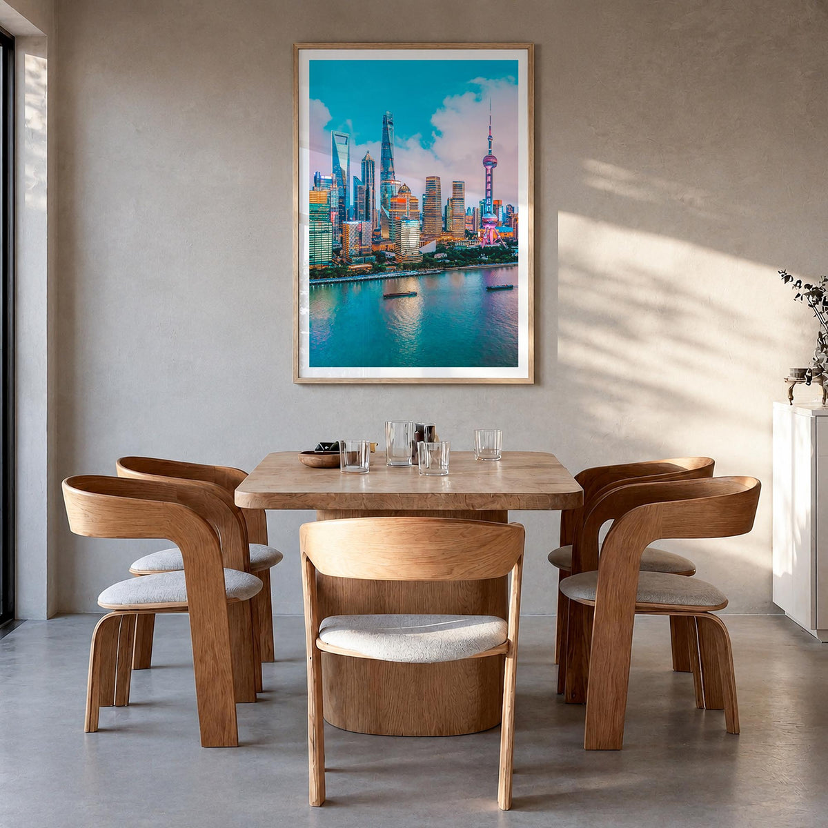 Shanghai no. 3 colorful photo poster of China – vertical wall art in natural wood frame with white border, hanging on wall