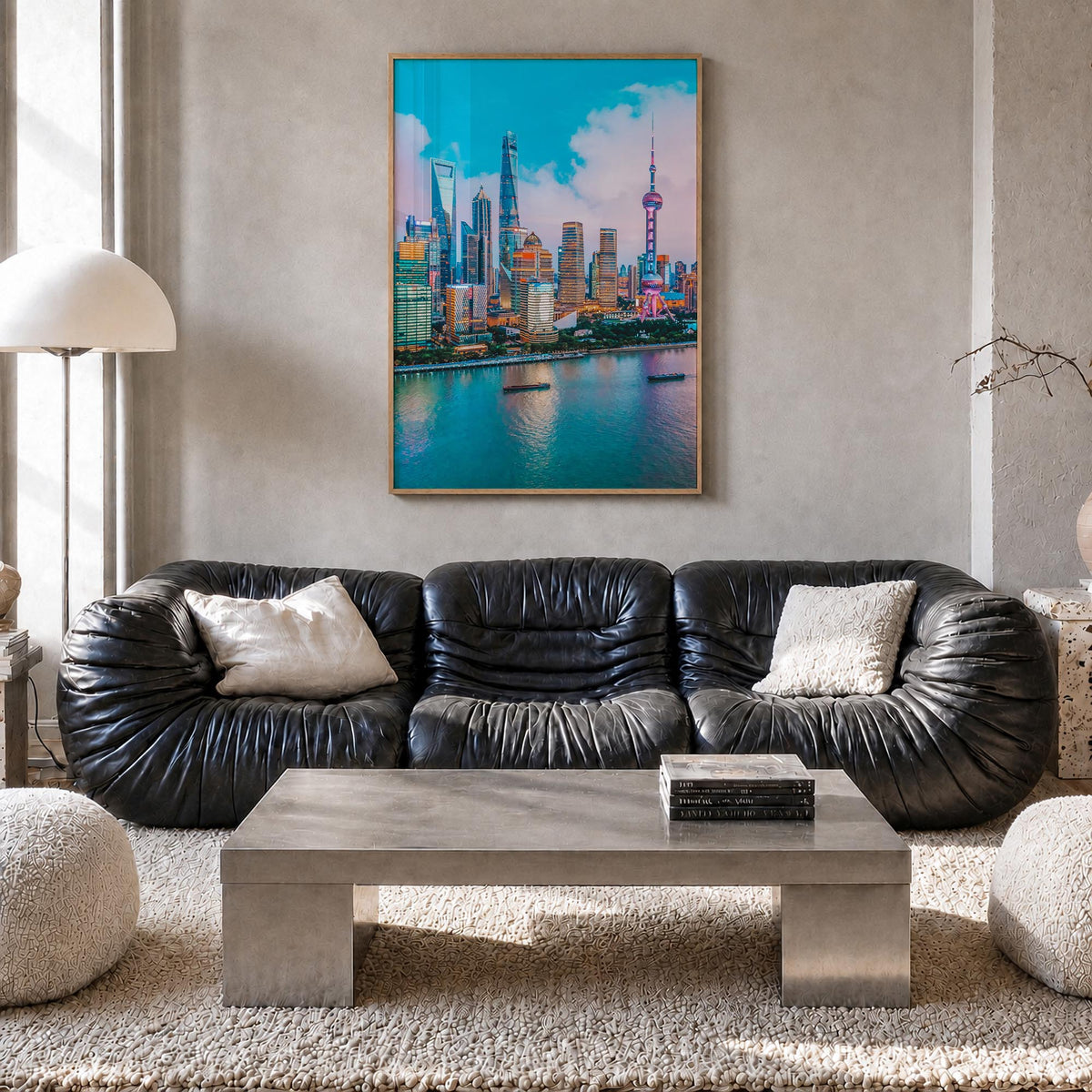 Shanghai no. 3 colorful photo poster of China – vertical wall art in natural wood frame, hanging on wall