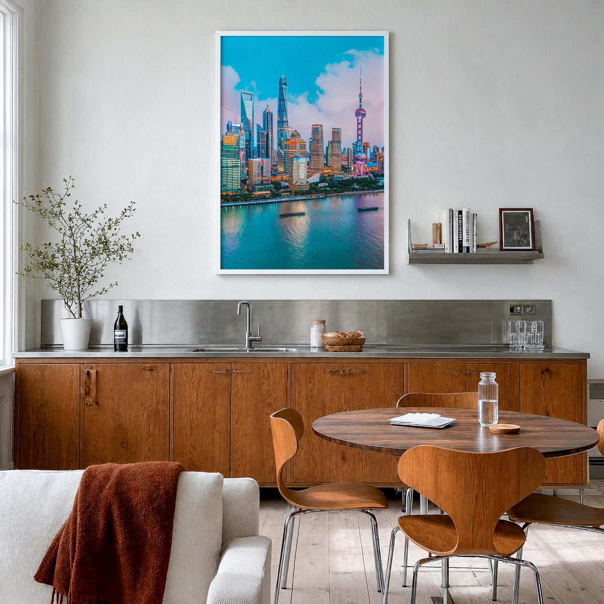 Shanghai no. 3 colorful photo poster of China – vertical wall art in white wood frame, hanging on wall