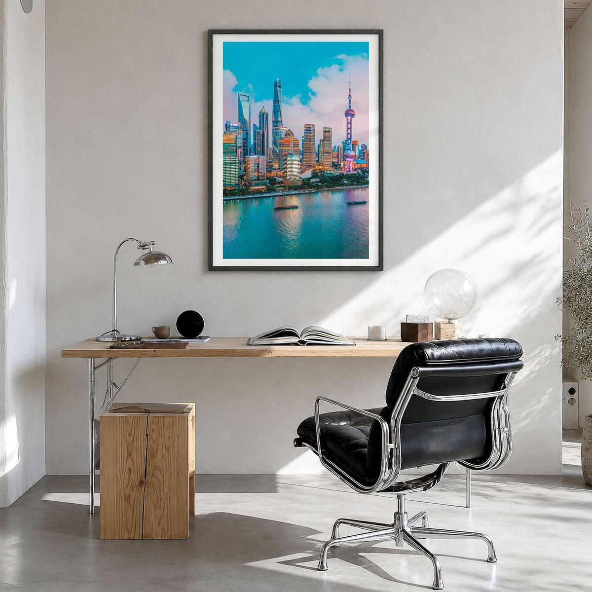 Shanghai Photo No 3 Poster in a black wood frame, hanging in a bright home office, white border