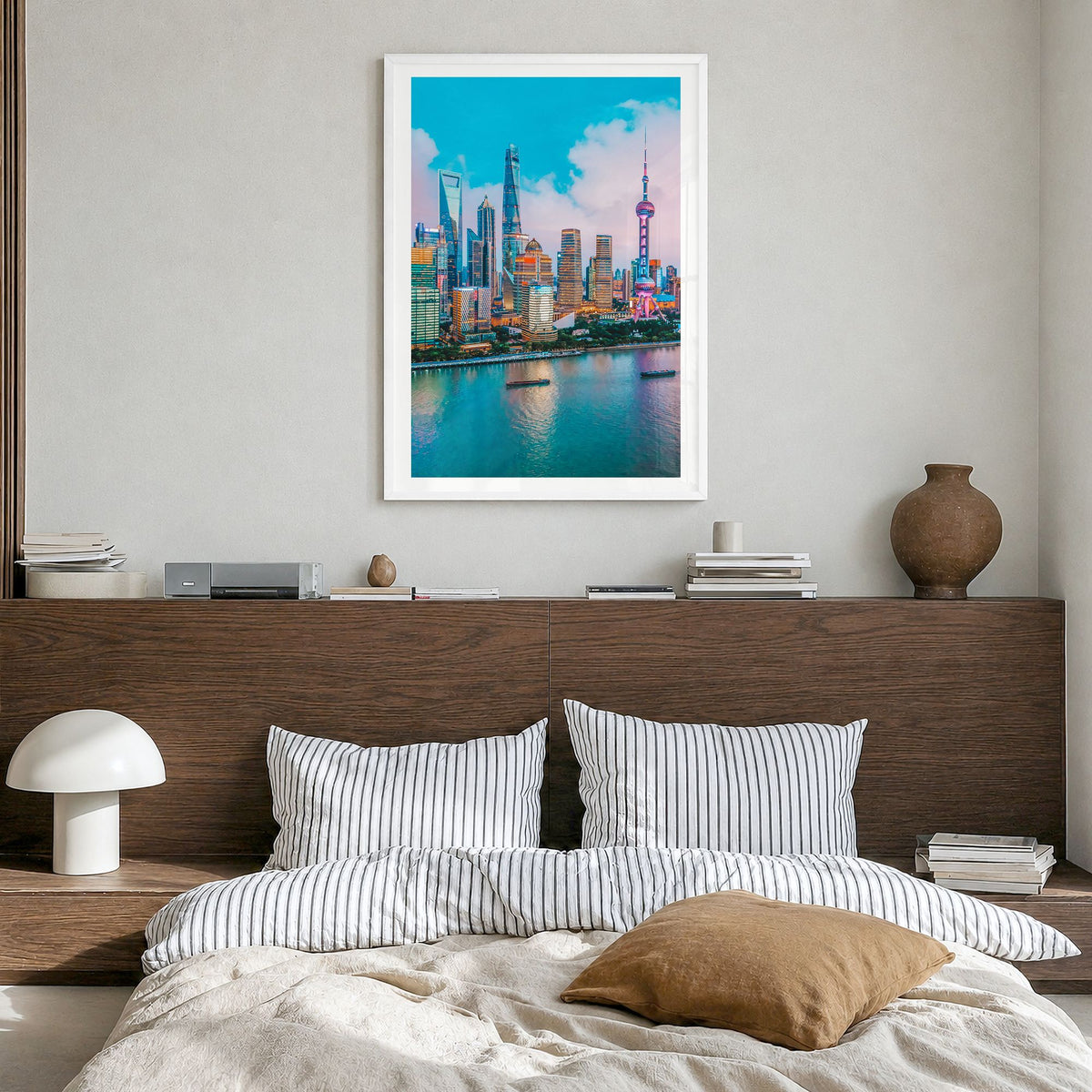 Shanghai Photo No 3 Poster in a white wood frame, hanging in a bedroom, white border