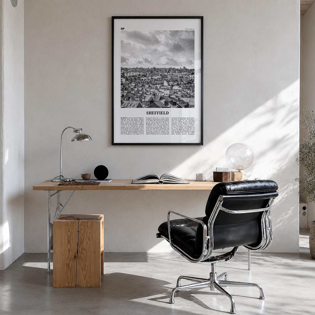 Sheffield black & white newspaper poster of England, UK – vertical wall art in black wood frame, hanging on wall