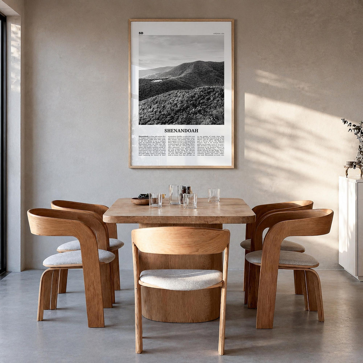 Shenandoah black & white newspaper poster of Virginia, USA – vertical wall art in natural wood frame, hanging on wall