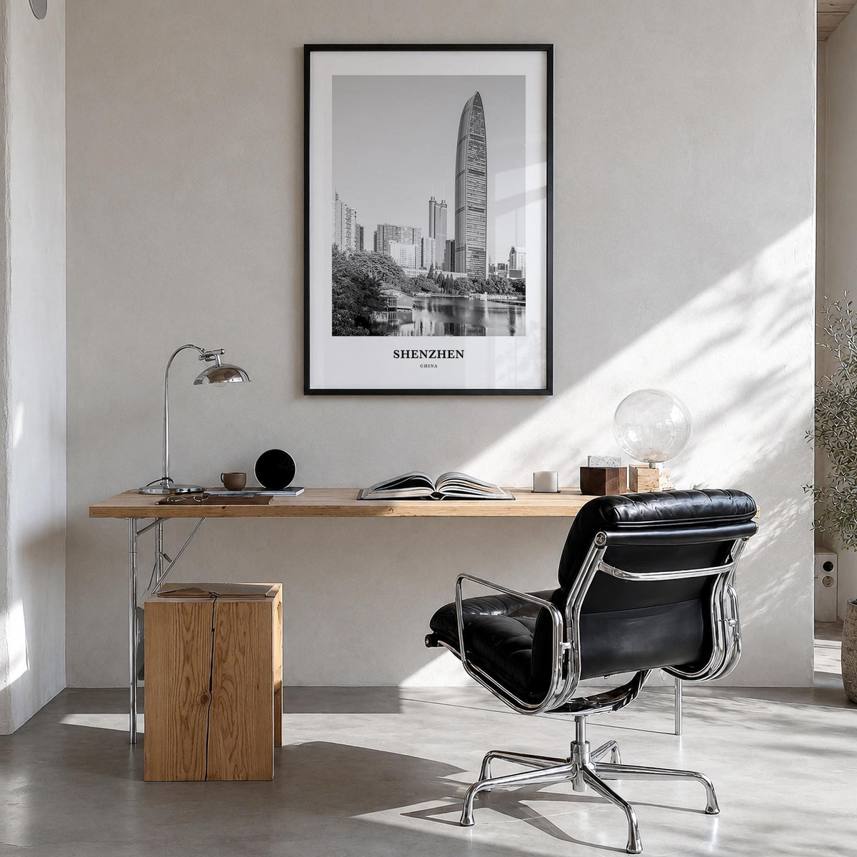 Shenzhen black & white classic poster of China – vertical wall art in black wood frame, hanging on wall