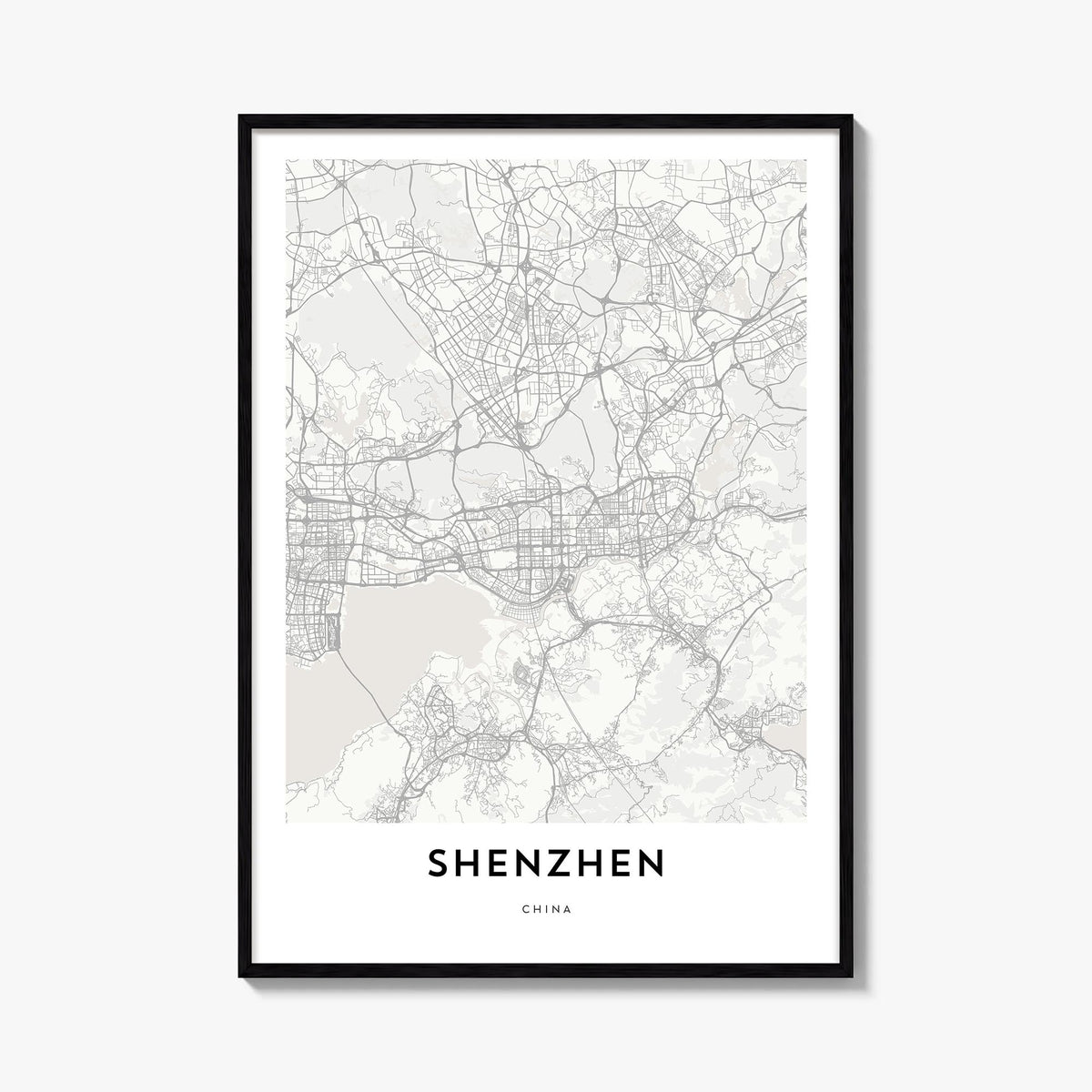 Shenzhen black & white map poster of China – vertical wall art, unframed print shown in interior mockup