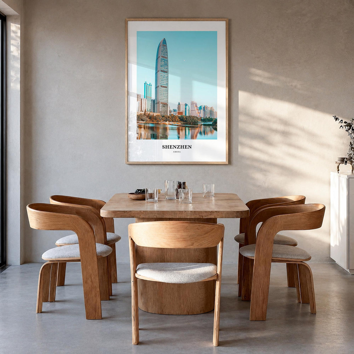 Shenzhen colorful classic poster of China – vertical wall art in natural wood frame, hanging on wall
