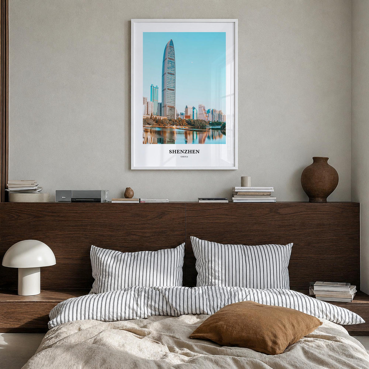 Shenzhen colorful classic poster of China – vertical wall art in white wood frame, hanging on wall