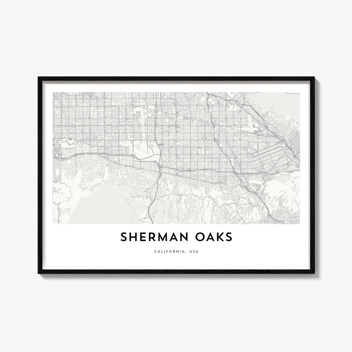 Sherman Oaks black & white map poster of Los Angeles, California – horizontal wall art, unframed print shown in interior mock