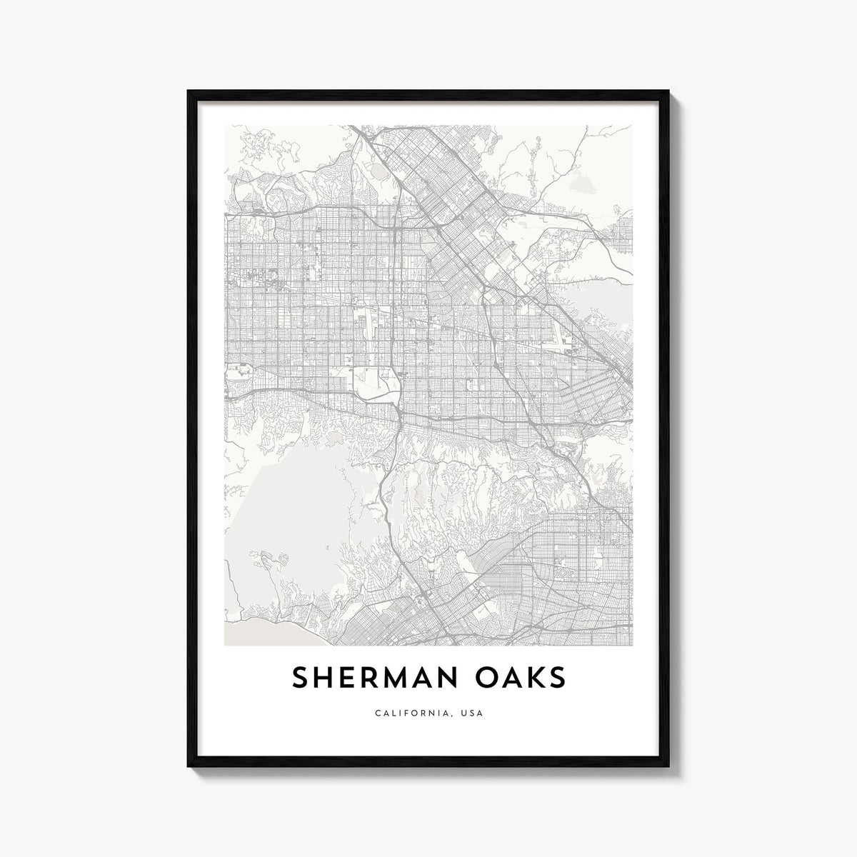Sherman Oaks black & white map poster of Los Angeles, California – vertical wall art, unframed print shown in interior mockup