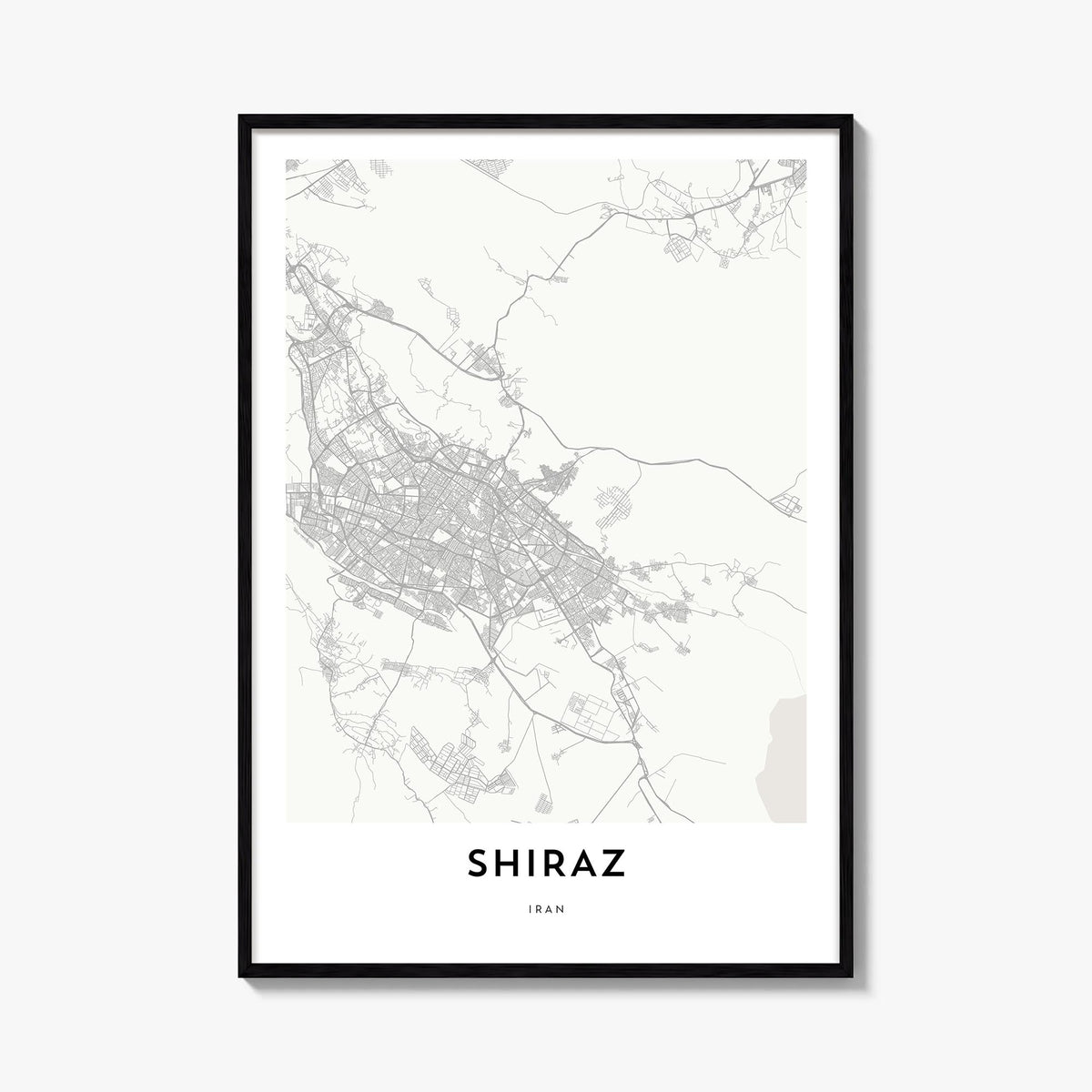 Shiraz black & white map poster of Iran – vertical wall art, unframed print shown in interior mockup
