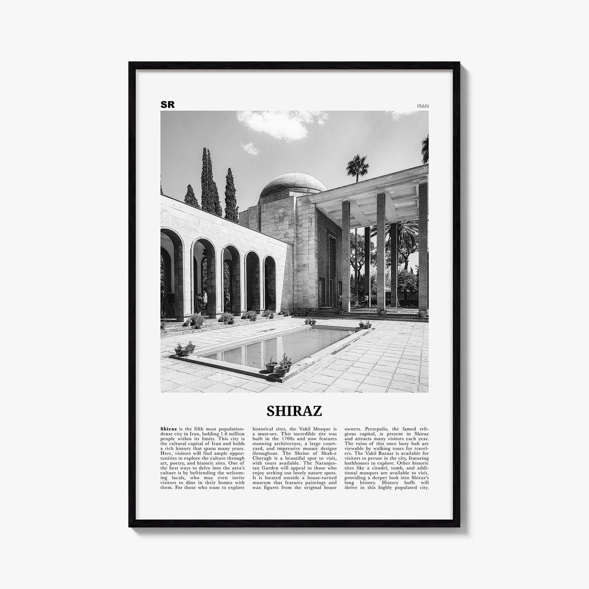 Shiraz black & white newspaper poster of Iran – vertical wall art, unframed print shown in interior mockup