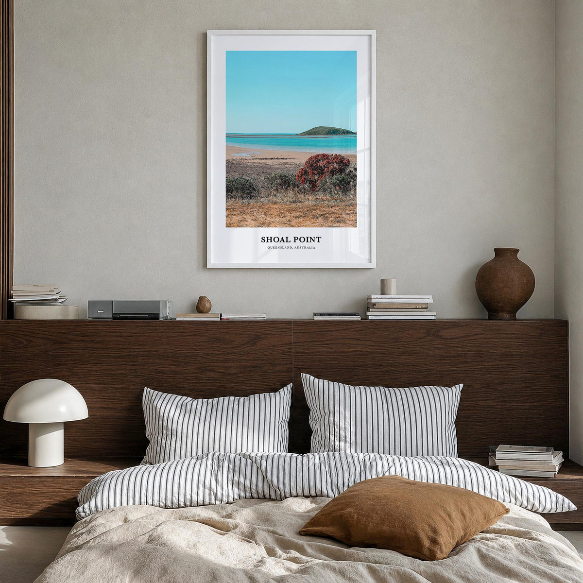 Shoal Point colorful classic poster of Australia – vertical wall art in white wood frame, hanging on wall