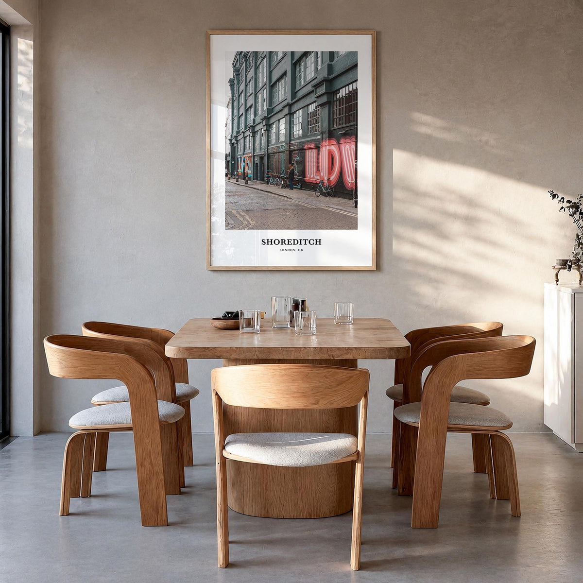 Shoreditch colorful classic poster of London, England – vertical wall art in natural wood frame, hanging on wall