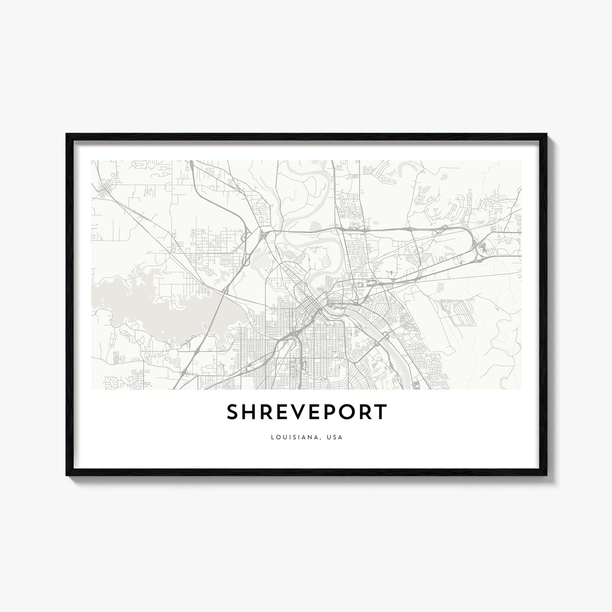 Shreveport black & white map poster of Louisiana, USA – horizontal wall art, unframed print shown in interior mockup