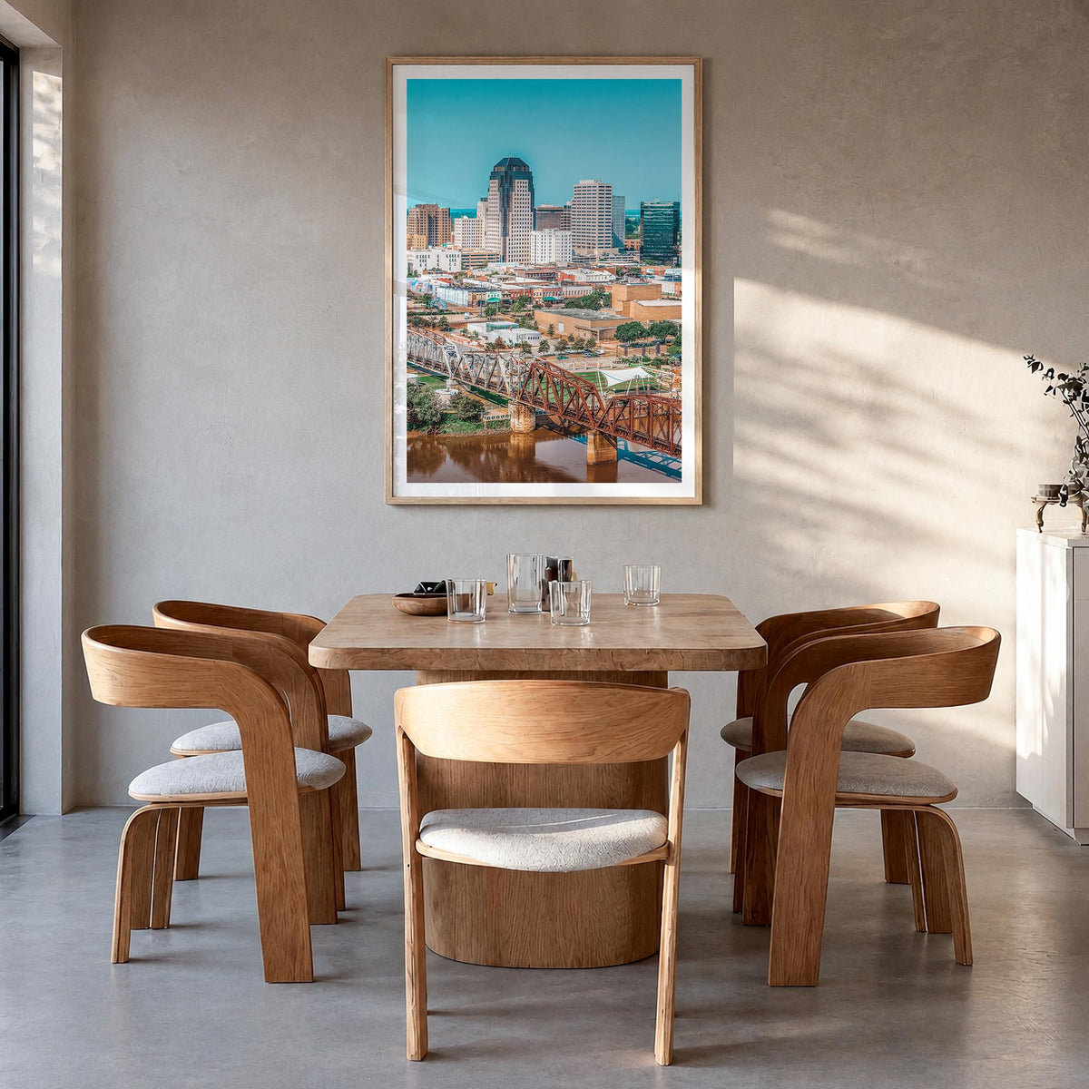 Shreveport colorful photo poster of Louisiana, USA – vertical wall art in natural wood frame with white border, hanging on wa
