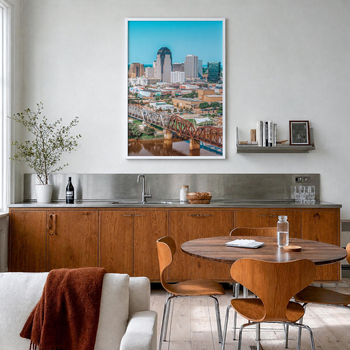 Shreveport colorful photo poster of Louisiana, USA – vertical wall art in white wood frame, hanging on wall