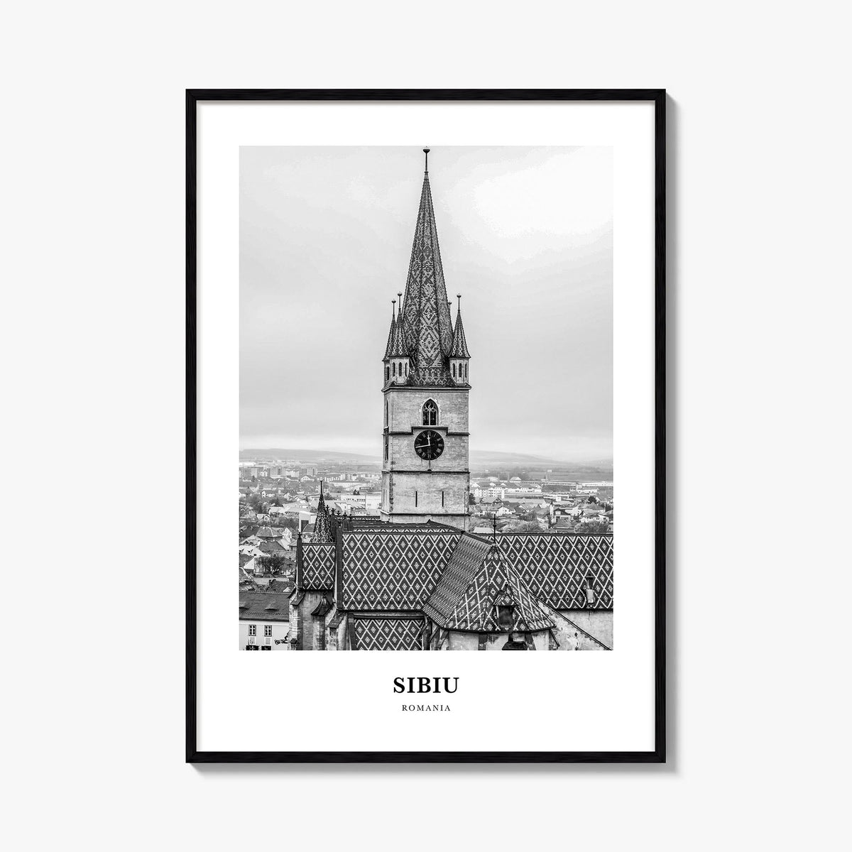Sibiu black & white classic poster of Romania – vertical wall art, unframed print shown in interior mockup