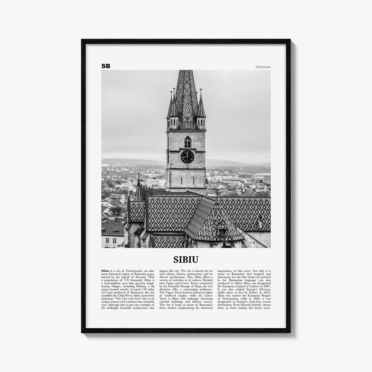 Sibiu black & white newspaper poster of Romania – vertical wall art, unframed print shown in interior mockup