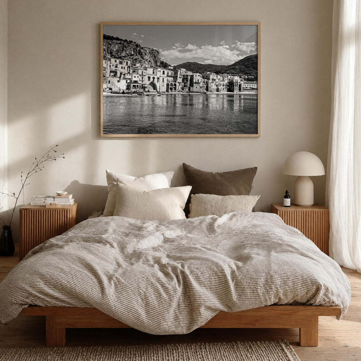 Sicily black & white photo poster of Italy – horizontal wall art in natural wood frame, hanging on wall