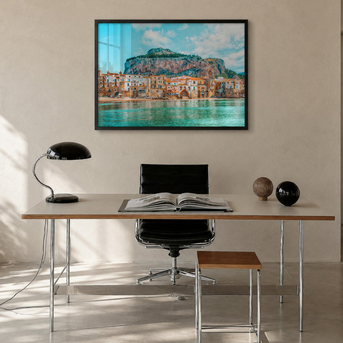 Sicily colorful photo poster of Italy – horizontal wall art in black wood frame, hanging on wall