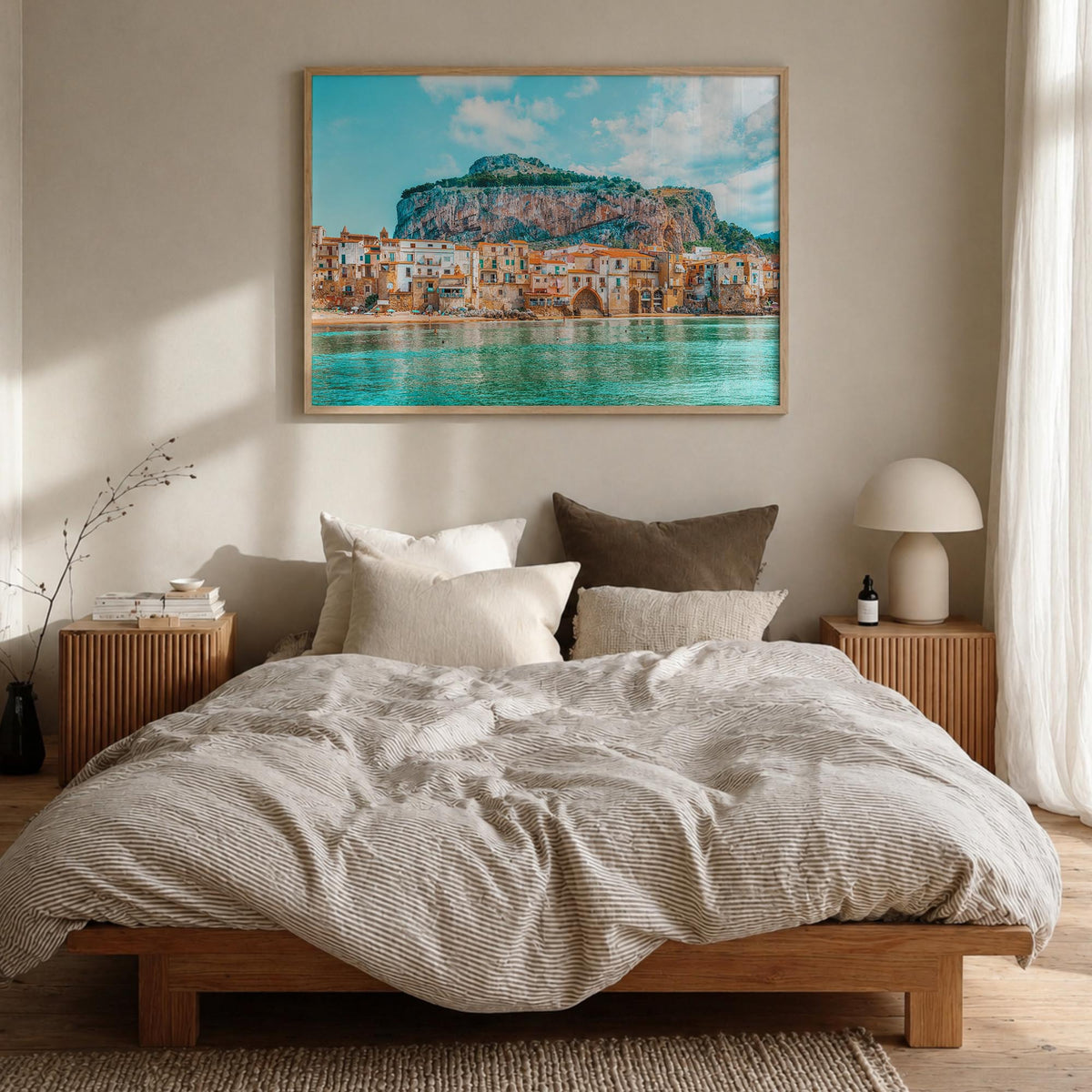 Sicily colorful photo poster of Italy – horizontal wall art in natural wood frame, hanging on wall