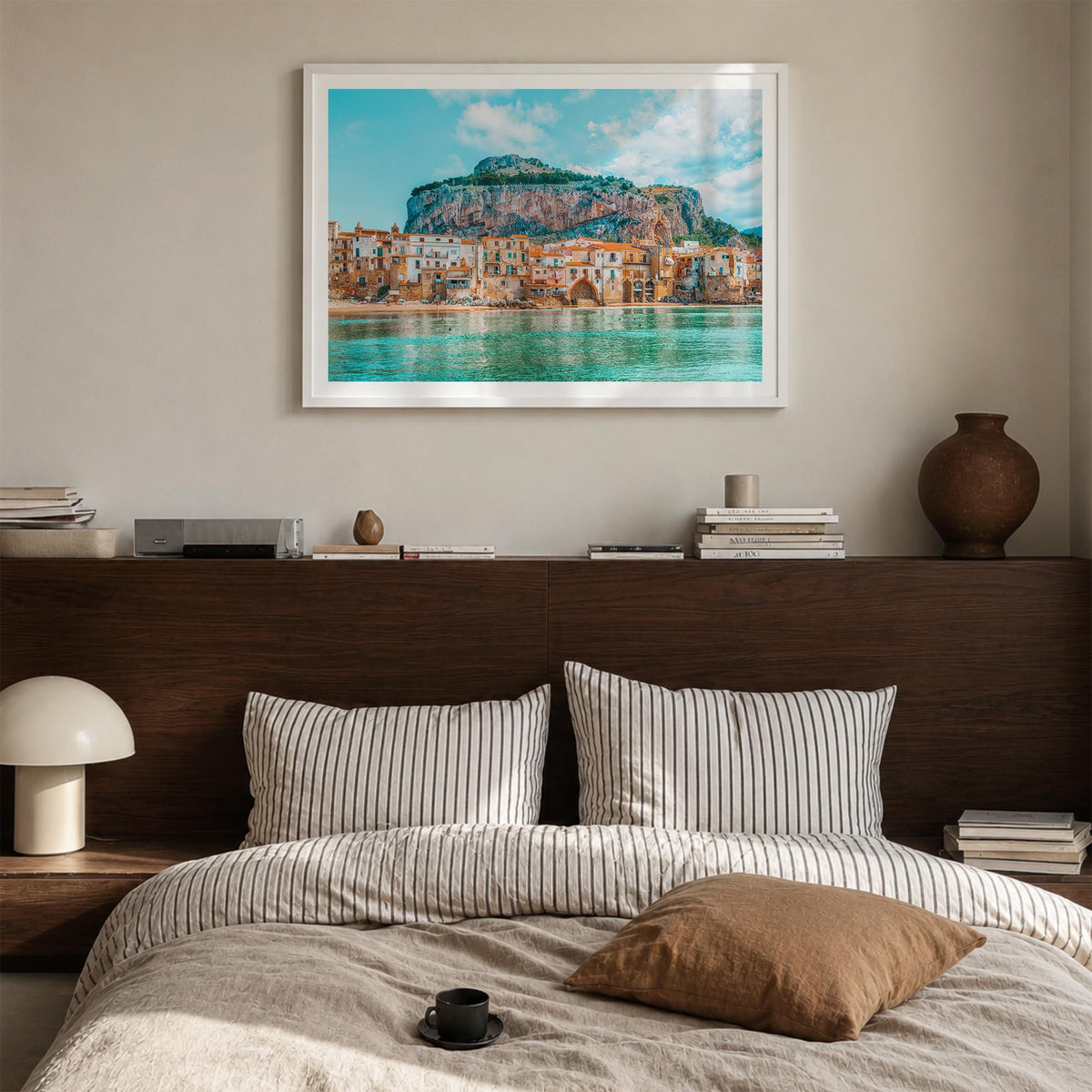 Sicily colorful photo poster of Italy – horizontal wall art in white wood frame with white border, hanging on wall