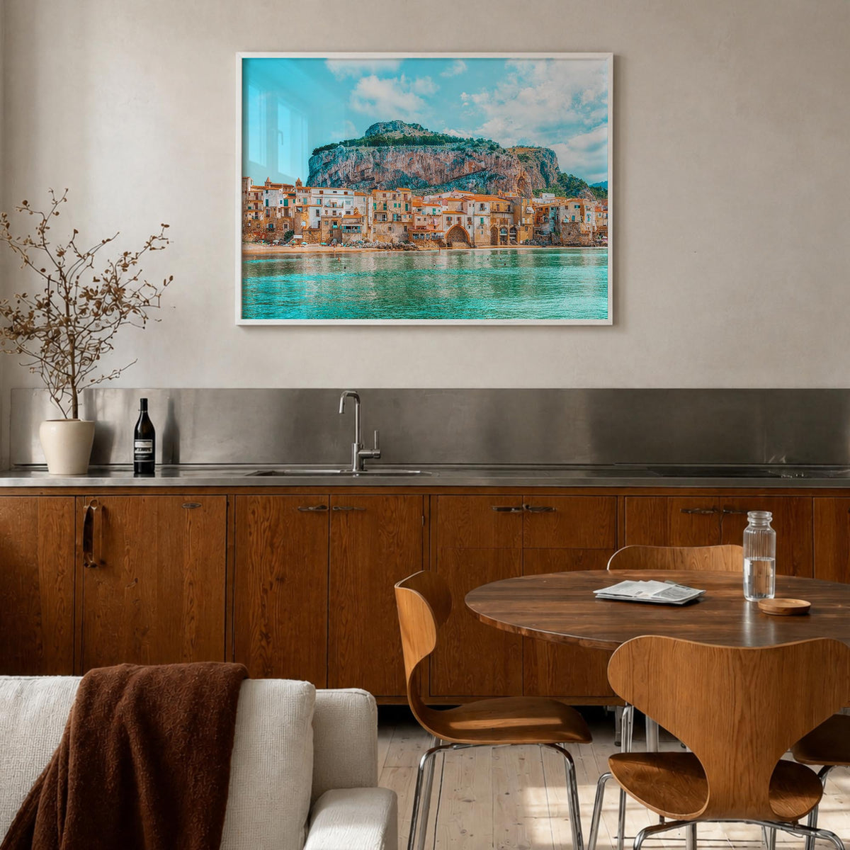 Sicily colorful photo poster of Italy – horizontal wall art in white wood frame, hanging on wall