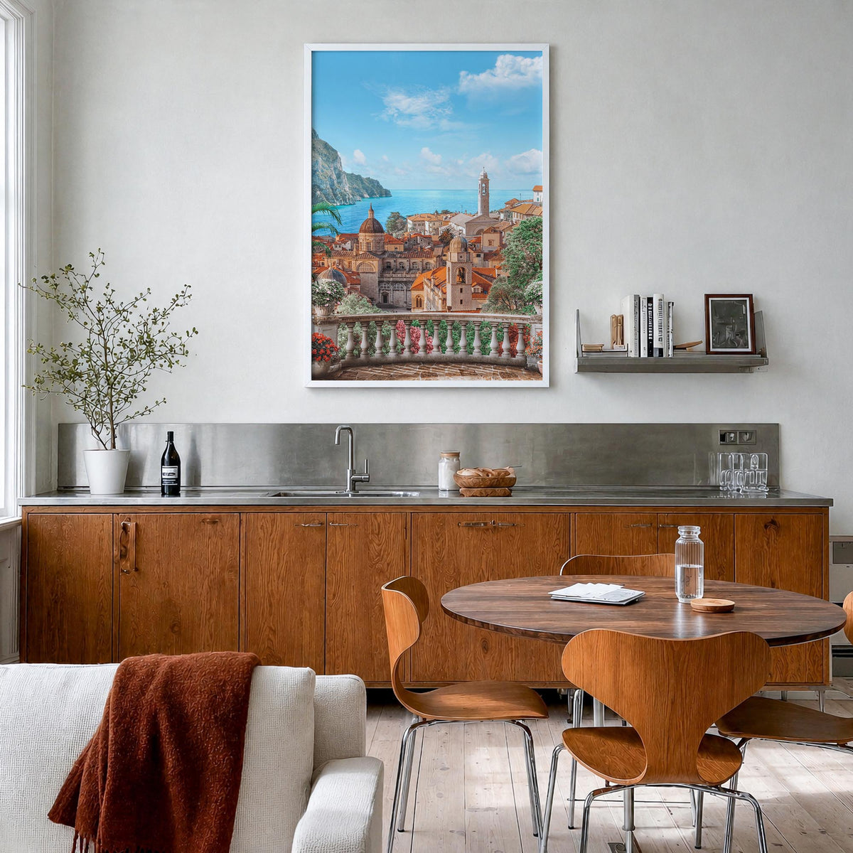 Sicily colorful photo poster of Italy – vertical wall art in white wood frame, hanging on wall