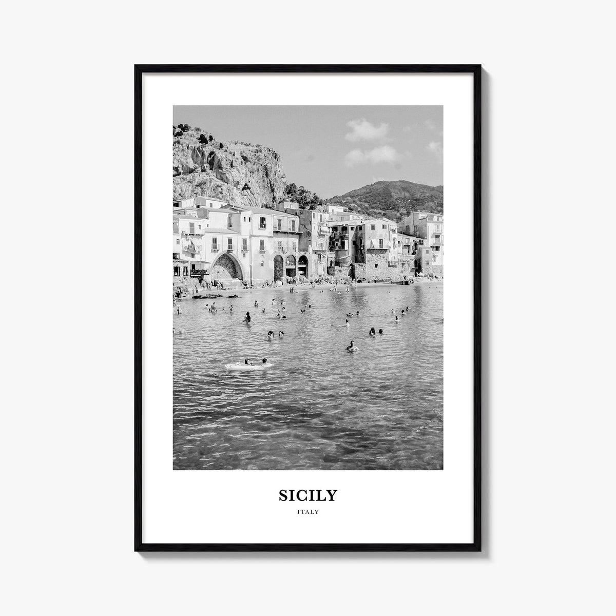 Sicily no. 2 black & white classic poster of Italy – vertical wall art, unframed print shown in interior mockup