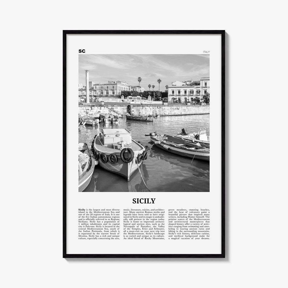 Sicily no. 4 black & white newspaper poster of Italy – vertical wall art, unframed print shown in interior mockup