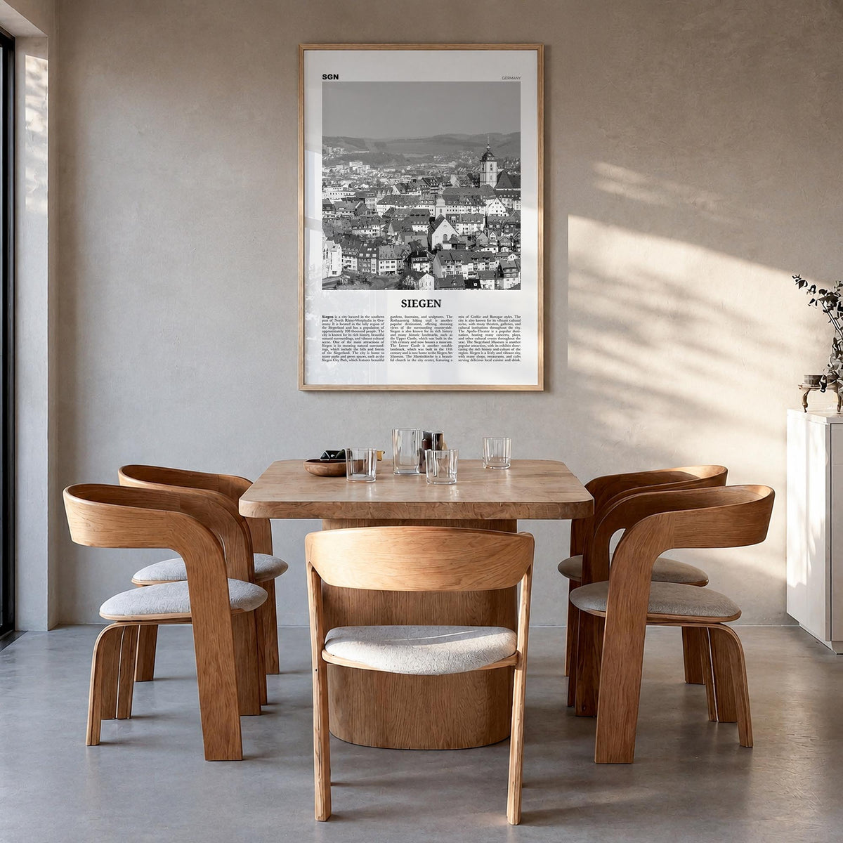 Siegen black & white newspaper poster of Germany – vertical wall art in natural wood frame, hanging on wall