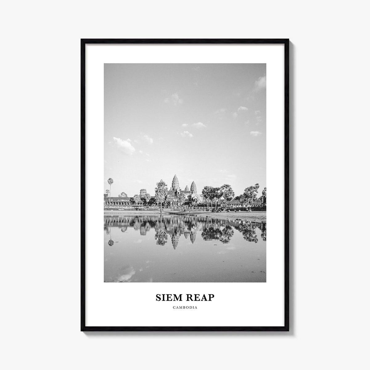 Siem Reap black & white classic poster of Cambodia – vertical wall art, unframed print shown in interior mockup