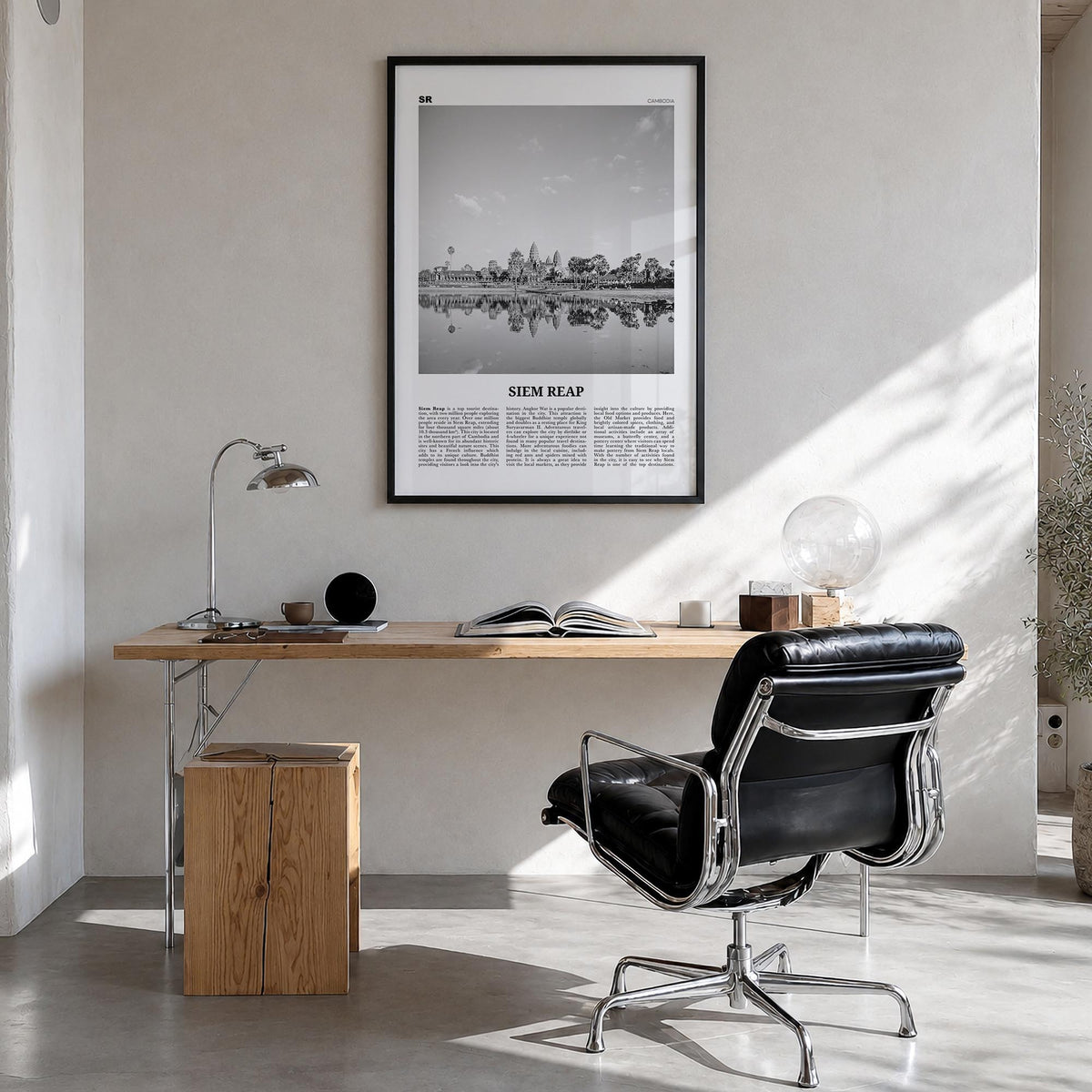 Siem Reap black & white newspaper poster of Cambodia – vertical wall art in black wood frame, hanging on wall